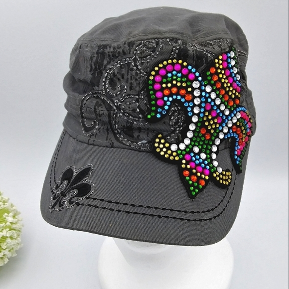 KBETHOS Accessories - *SOLD* KBETHOS Gray & Multicolor Crystal Embellished Fleur De Lis Military Hat